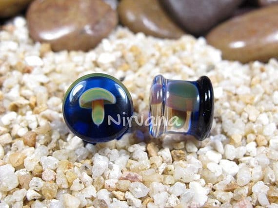 1 Pair (2 Pieces) Glass Mushroom Plugs with Blue Color Background