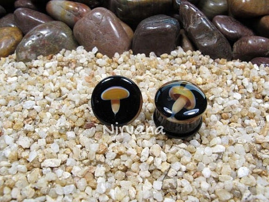 1 Pair (2 Pieces) Glass Mushroom Plugs with Black Colored Background