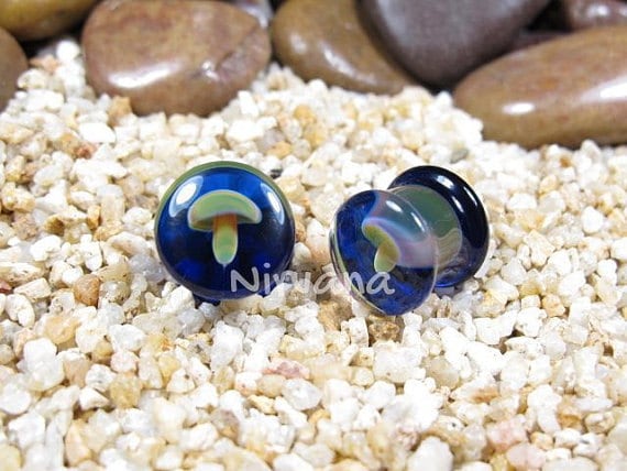 1 Pair (2 Pieces) Glass Mushroom Plugs with Blue Color Background