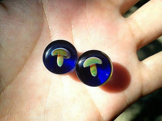 1 Pair (2 Pieces) Glass Mushroom Plugs with Blue Color Background