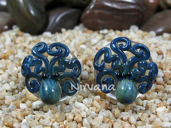 1 Pair (2 Pieces) Exotic Blue Octopus Plugs Pyrex Glass