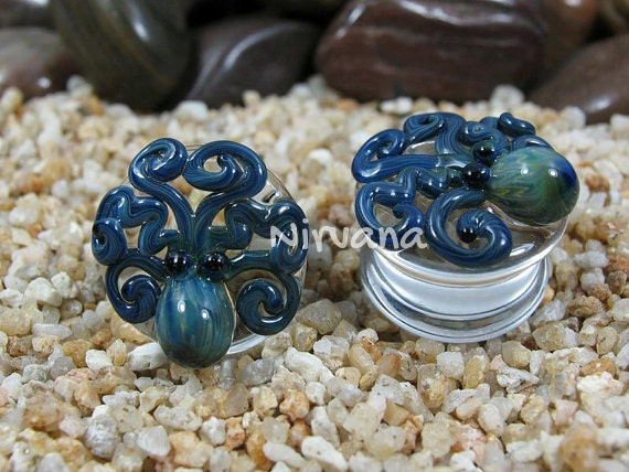 1 Pair (2 Pieces) Exotic Blue Octopus Plugs Pyrex Glass