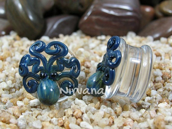 1 Pair (2 Pieces) Exotic Blue Octopus Plugs Pyrex Glass