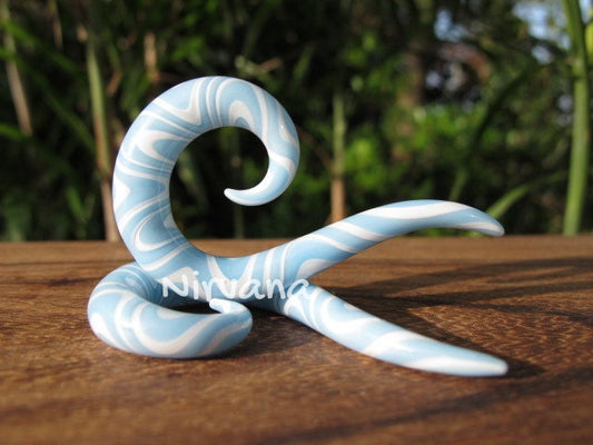 1 Pair (2 Pieces) Sky Blue & White Snake Pattern Glass Thai Spirals