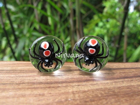 1 Pair (2 Pieces) Black Widow Spider with 2 Bright Red Spots Glass Plugs
