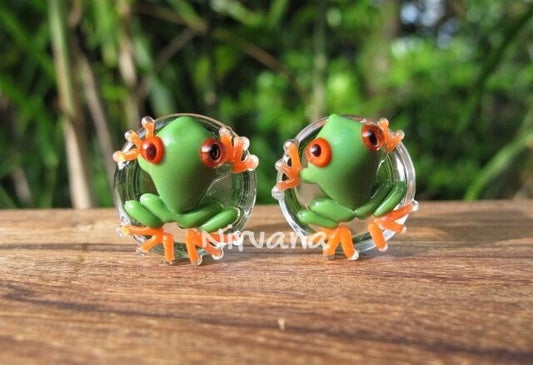 1 Pair (2 Pieces) Green Poison Tree Frog with Orange Legs Glass Plugs
