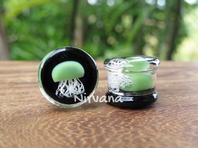 1 Pair (2 Pieces) Jade Pyrex Glass Jellyfish Plugs Black Background