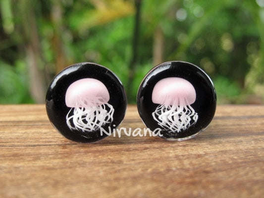 1 Pair (2 Pieces) Pyrex Glass Pink Jellyfish Plugs Black Background