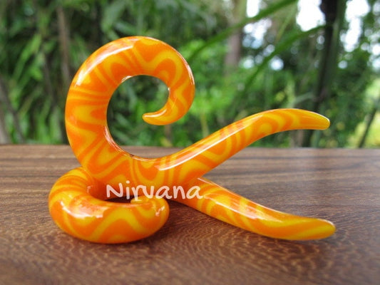 1 Pair (2 Pieces) Orange & Yellow Snake Style Thai Spirals Glass