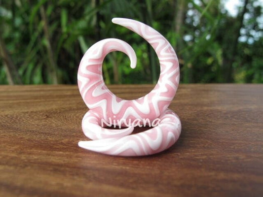 1 Pair (2 Pieces) Pink & White Snake Classic Spirals Glass