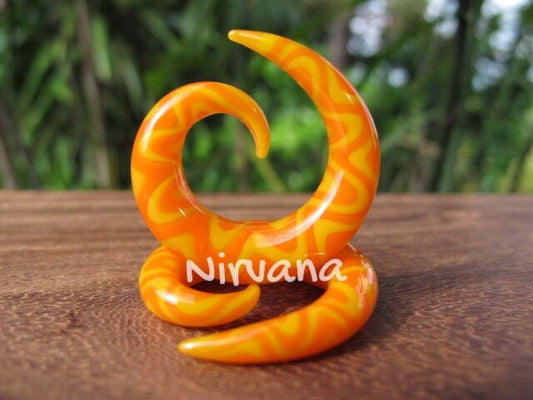 1 Pair (2 Pieces) Orange & Yellow Snake Classic Spirals Glass