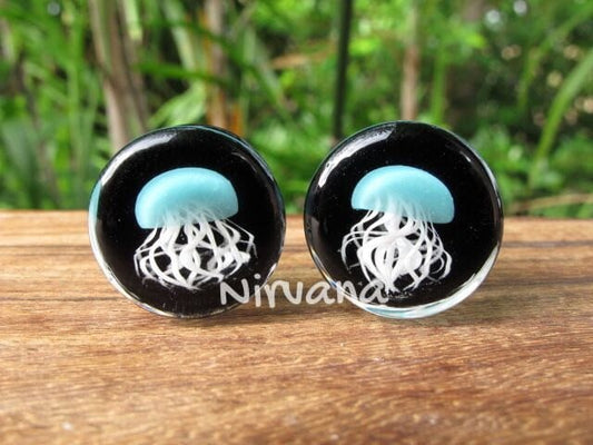 1 Pair (2 Pieces) Aqua Pyrex Glass Jellyfish Plugs Black Background