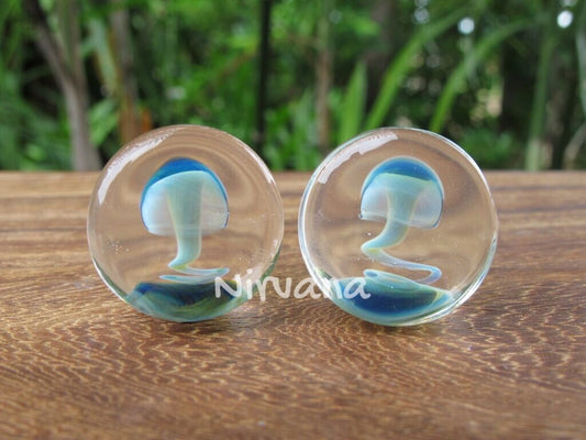 1 Pair (2 Pieces) Magic Mushroom Plugs Pyrex Glass Exotic Blue