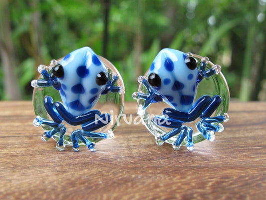 1 Pair (2 Pieces) Sky Blue Frogs with Cobalt Spots Glass Plugs