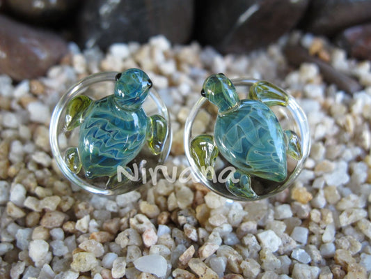 1 Pair (2 Pieces) Pyrex Glass Exotic Green Turtle Plugs