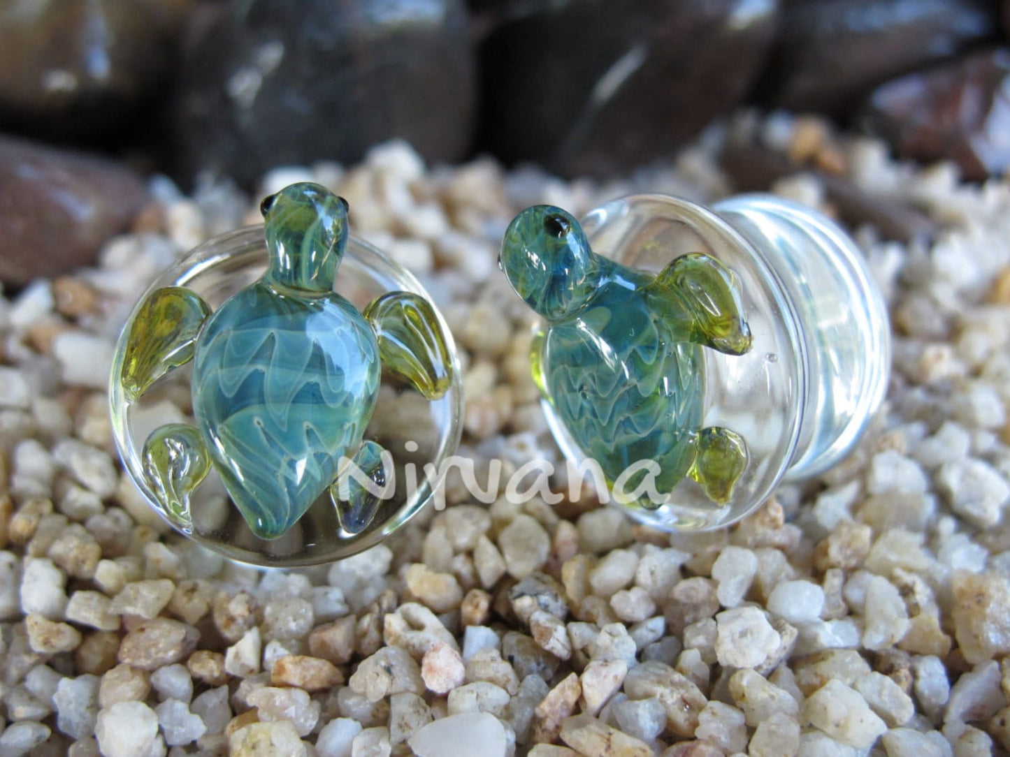 1 Pair (2 Pieces) Pyrex Glass Exotic Green Turtle Plugs