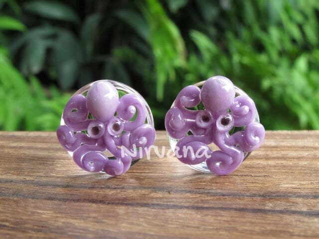 1 Pair - Mauve Purple Octopus Plugs Pyrex Glass