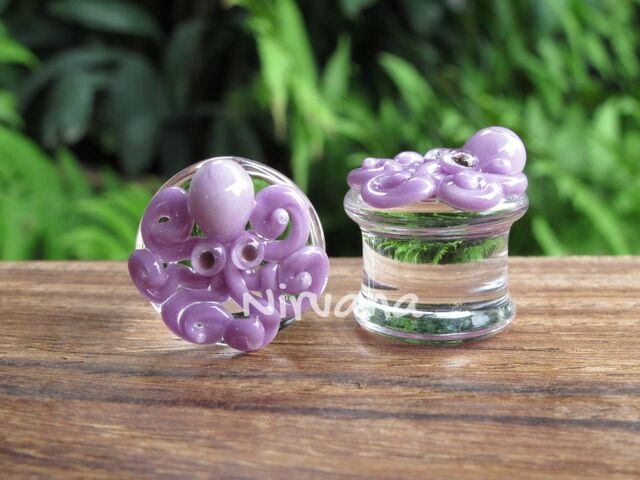 1 Pair - Mauve Purple Octopus Plugs Pyrex Glass