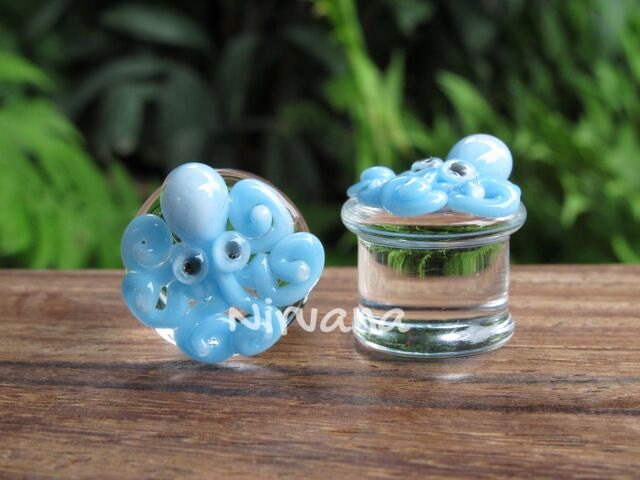 1 Pair (2 Pieces) Sky Blue Octopus Plugs Pyrex Glass