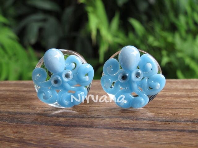 1 Pair (2 Pieces) Sky Blue Octopus Plugs Pyrex Glass