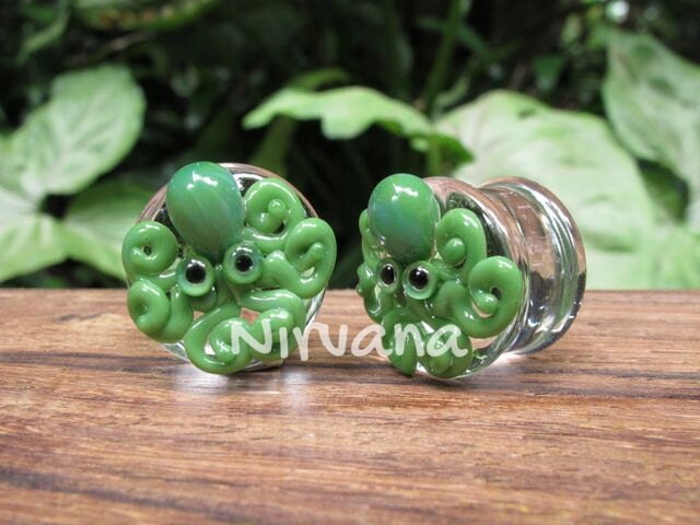 1 Pair (2 Pieces) Jade Green Octopus Plugs Pyrex Glass
