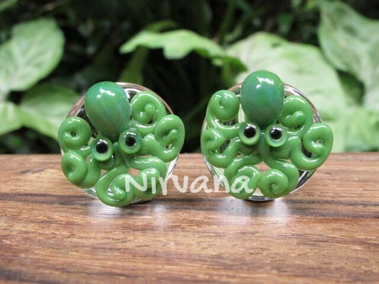 1 Pair (2 Pieces) Jade Green Octopus Plugs Pyrex Glass