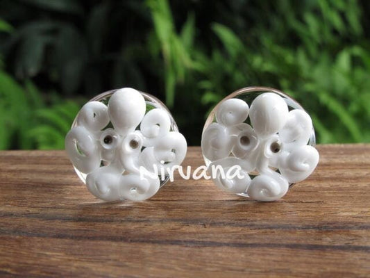 1 Pair (2 Pieces) White Octopus Plugs Pyrex Glass