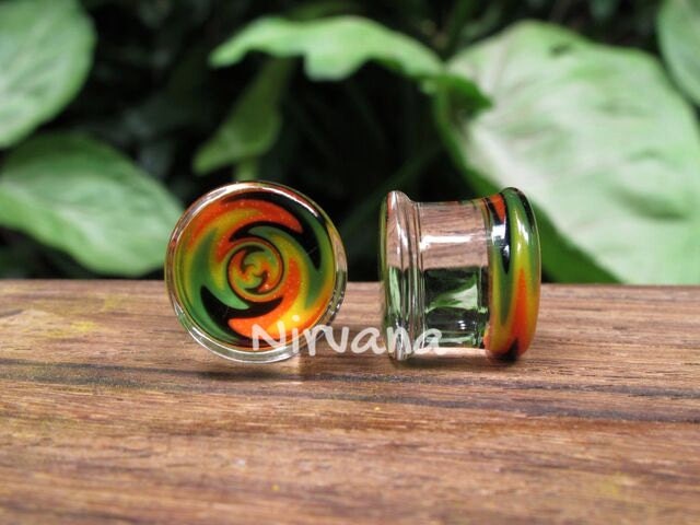 1 Pair (2 Pieces) Zig Zag Rasta on Clear Glass Plugs