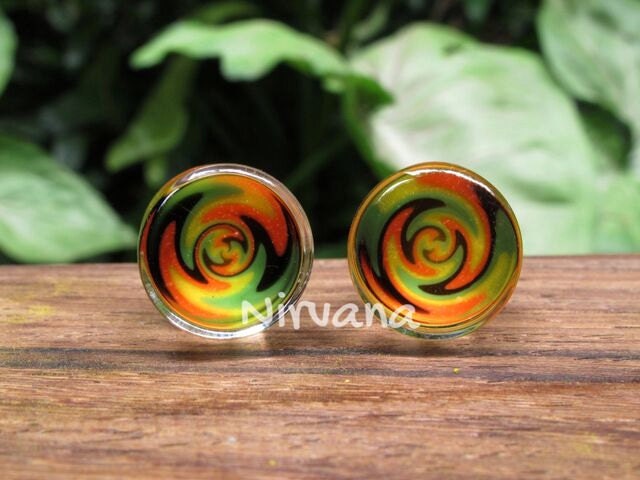 1 Pair (2 Pieces) Zig Zag Rasta on Clear Glass Plugs