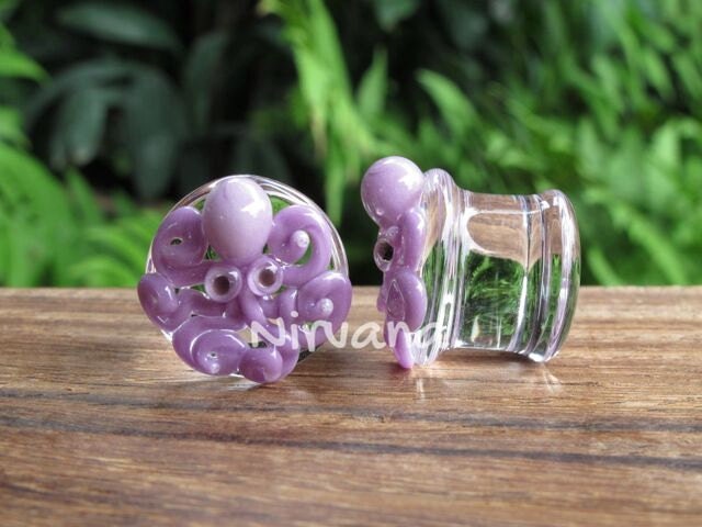 1 Pair - Mauve Purple Octopus Plugs Pyrex Glass
