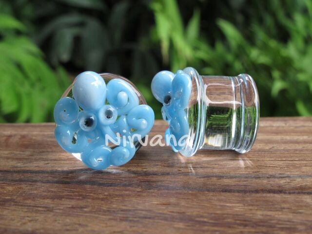 1 Pair (2 Pieces) Sky Blue Octopus Plugs Pyrex Glass