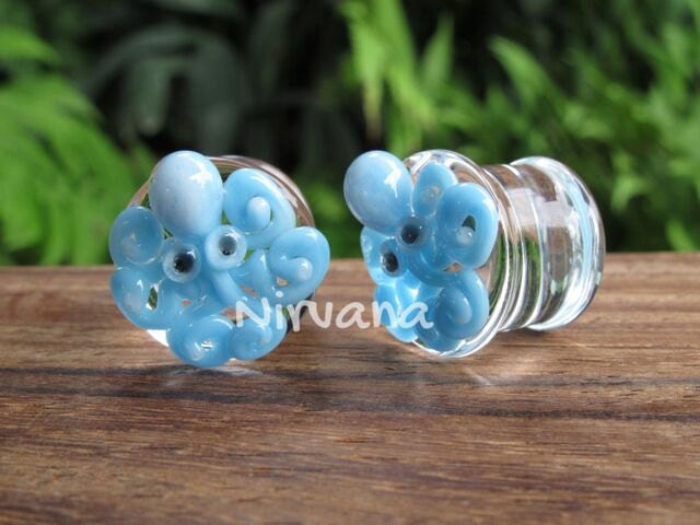 1 Pair (2 Pieces) Sky Blue Octopus Plugs Pyrex Glass