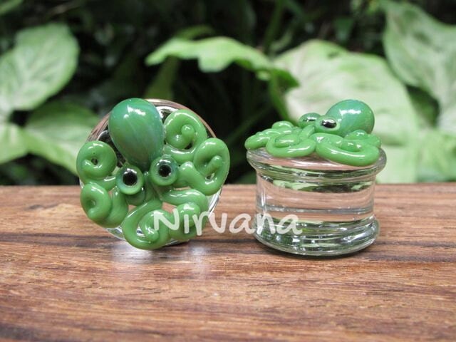 1 Pair (2 Pieces) Jade Green Octopus Plugs Pyrex Glass