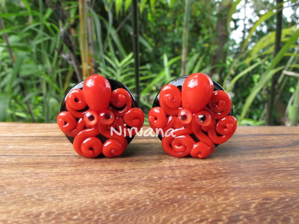 1 Pair (2 Pieces) Red Octopus on Black Plugs Pyrex Glass