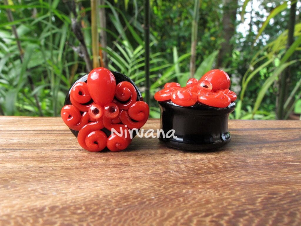 1 Pair (2 Pieces) Red Octopus on Black Plugs Pyrex Glass