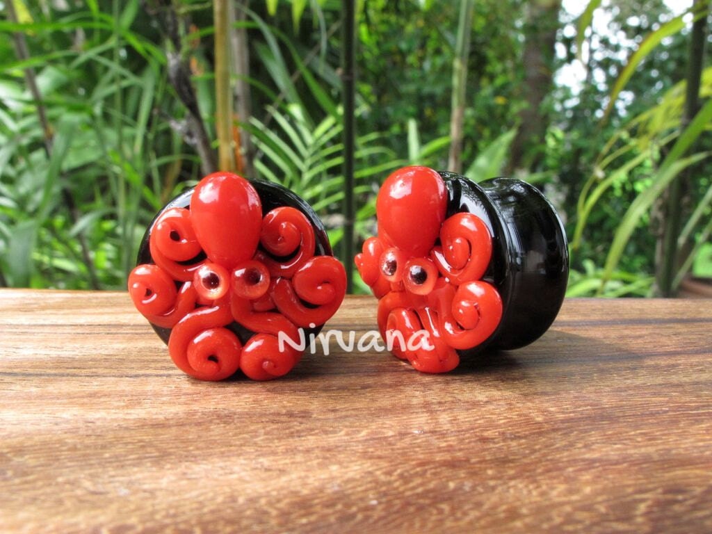 1 Pair (2 Pieces) Red Octopus on Black Plugs Pyrex Glass