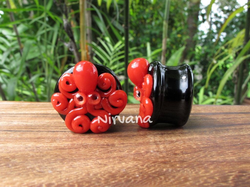 1 Pair (2 Pieces) Red Octopus on Black Plugs Pyrex Glass