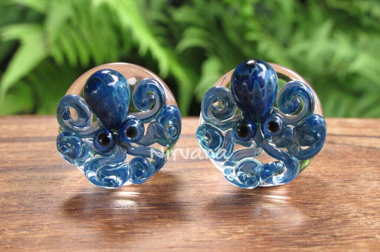 1 Pair (2 Pieces) New Exotic Blue Octopus Plugs Pyrex Glass