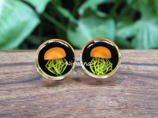 1 Pair (2 Pieces) - Pyrex Glass Orange Jellyfish Plugs Black Background Lt. Yellow Legs