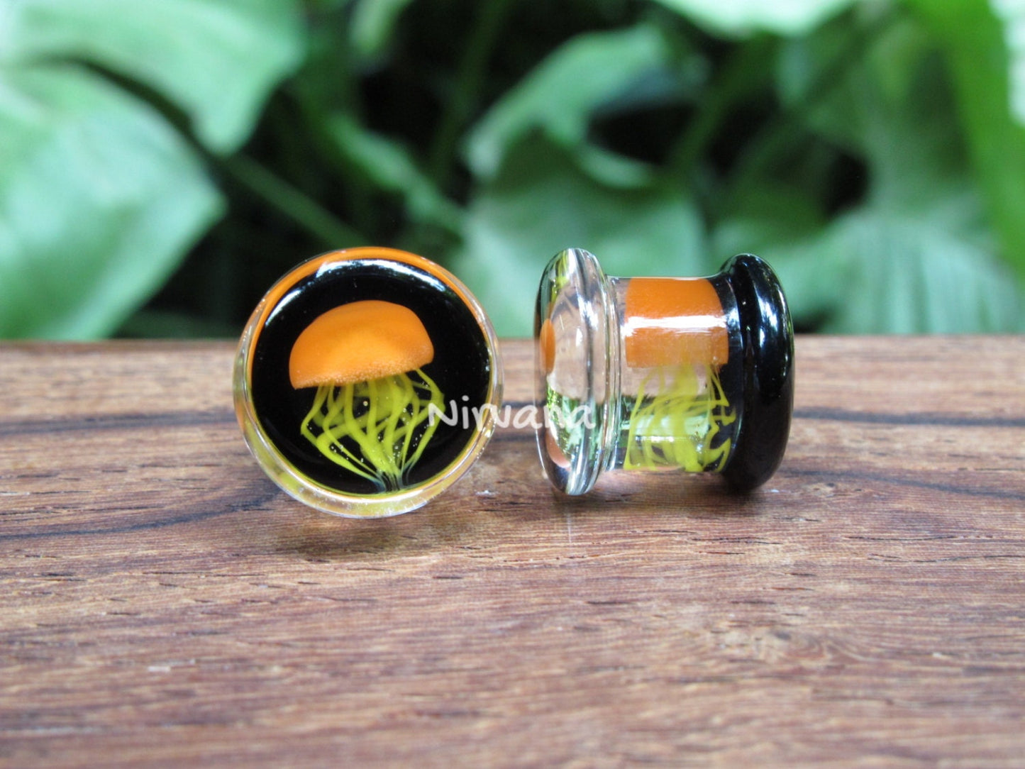 1 Pair (2 Pieces) - Pyrex Glass Orange Jellyfish Plugs Black Background Lt. Yellow Legs