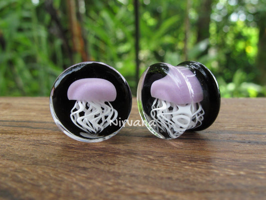 1 Pair (2 Pieces) Pyrex Glass Mauve Purple Jellyfish Plugs Black Background