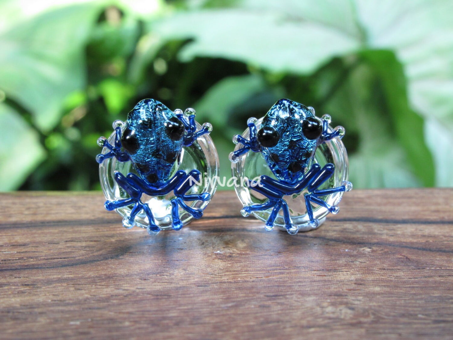1 Pair (2 Pieces) Dichroic Aqua Blue Black Spotted Poison Tree Frog Plugs