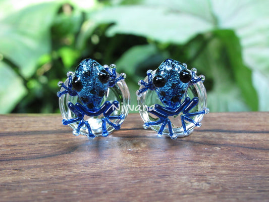 1 Pair (2 Pieces) Dichroic Aqua Blue Black Spotted Poison Tree Frog Plugs