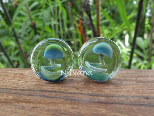 1 Pair (2 Pieces) Magic Mushroom Plugs Pyrex Glass Exotic Blue Green