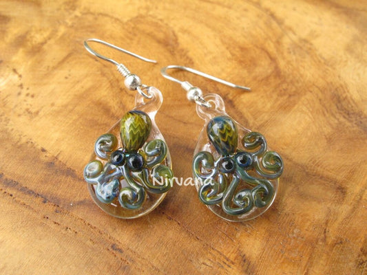 1 Pair - Custom Made Glass Exotic Dark Green Octopus Hanging Earrings