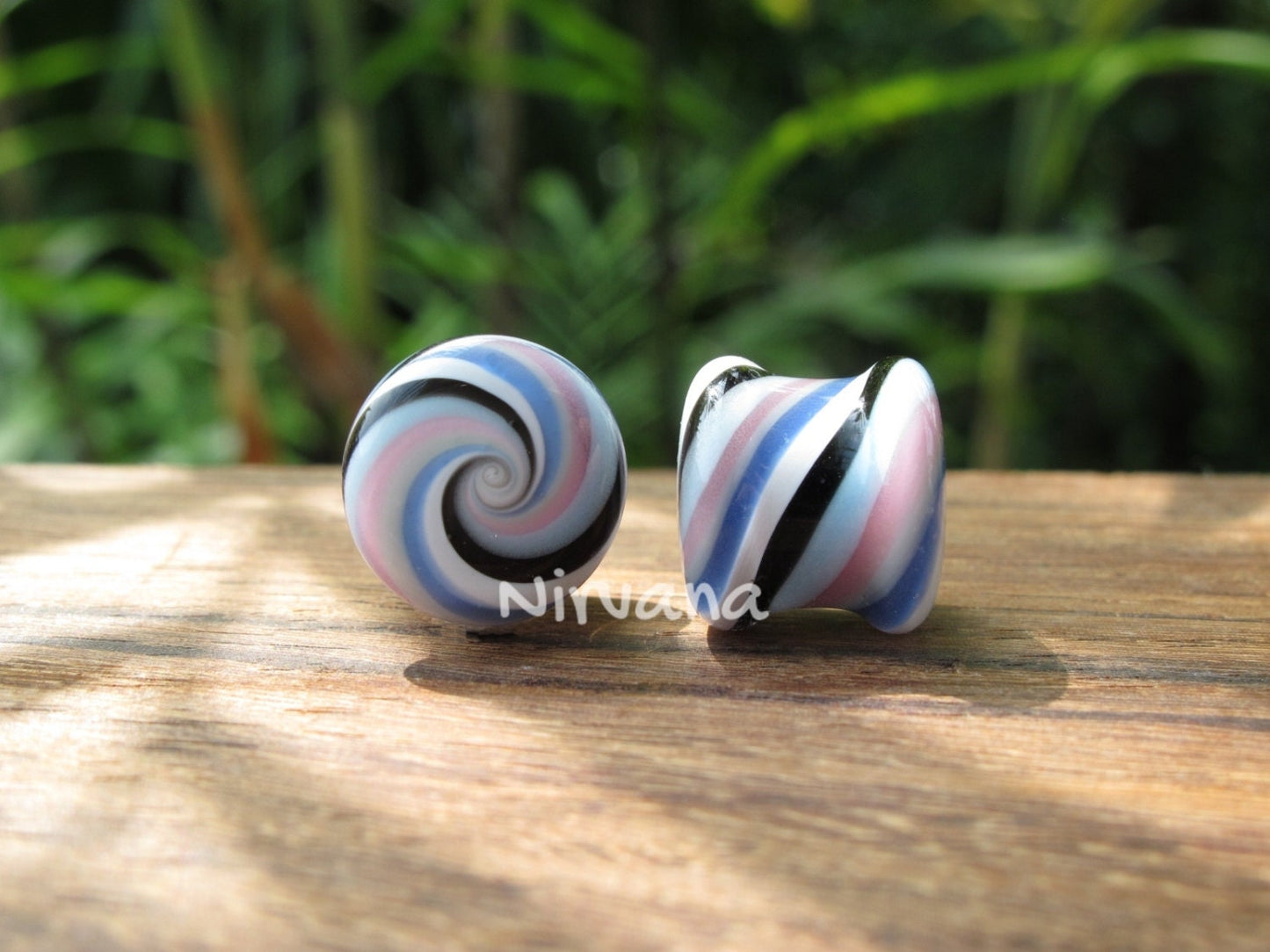 1 Pair (2 Pieces) Sky Blue/Pink/Purple/White/Black Striped Candy Spiral Glass Plugs