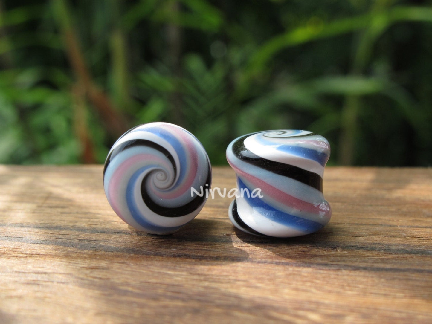 1 Pair (2 Pieces) Sky Blue/Pink/Purple/White/Black Striped Candy Spiral Glass Plugs
