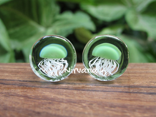 1 Pair (2 Pieces) Jade Pyrex Glass Jellyfish Plugs Clear Background