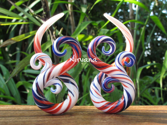 1 Pair (2 Pieces) Cobalt Blue, White & Red Free Style Bonita Spirals Glass