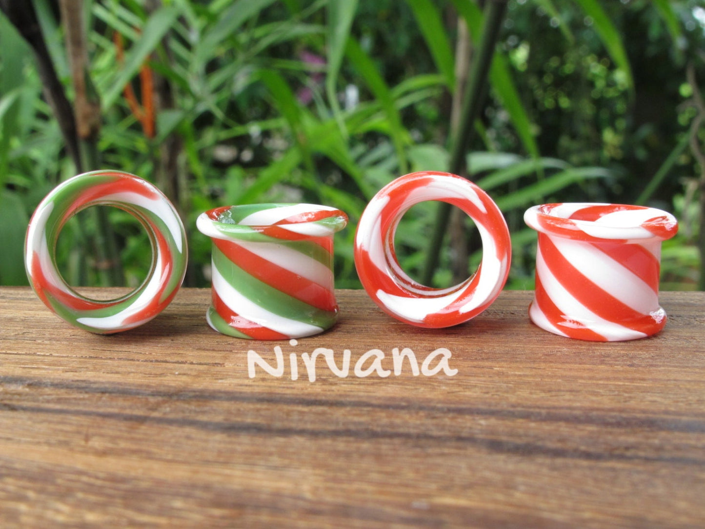 1 Pair (2 Pieces) Holiday Green/White/Red Tunnels Glass